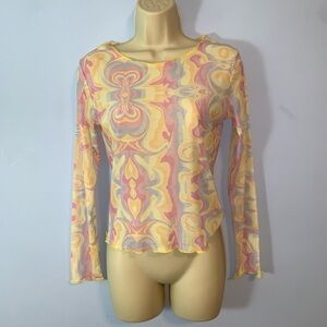 Sheer mesh long sleeve pastel psychedelic marble layer top scoop neck shekou med